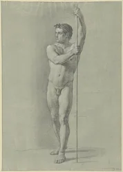 Nudo maschile in piedi con un bastone