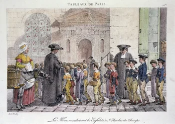 Antico mestiere di strada a Parigi: i fratelli che portano i bambini a Saint Nicolas des Champs, Scuola cattolica - Incisione di Jean Henry Marlet in "Les Tableaux de Paris", serie di 72 stampe, fine XIX secolo
