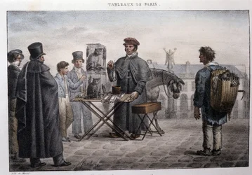 Antica strada dei mestieri a Parigi: il mercante di morte dei topi (camelot). Incisione di Jean Henry Marlet (1771-1847) in "Les Tableaux de Paris", serie di 72 stampe, fine XIX secolo