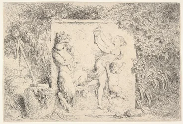 Un bassorilievo che raffigura un satiro a sinistra che tiene due bambini, un altro bambino satiro a destra..., 1763