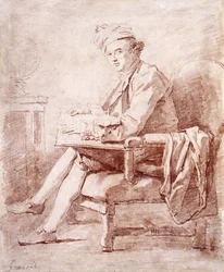 Ritratto di Joseph-Jerome Le Francais de Lalande, a figura intera, seduto, di profilo a sinistra, con un libro in mano, un globo su un tavolo a sinistra
