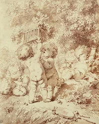 Sei putti che giocano, due che tengono una gabbia
