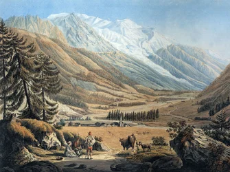 veduta della valle di Chamonix, dal villaggio di Argentiere di Jean Daniel Huber durante un viaggio del 1785 circa (incisione)