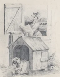 Cane nella cuccia, gallo che canta alla finestra, 1842 circa.