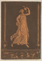 Giovane donna drappeggiata, che cammina da sinistra a destra, portando un vaso di metallo, ca. 1784
