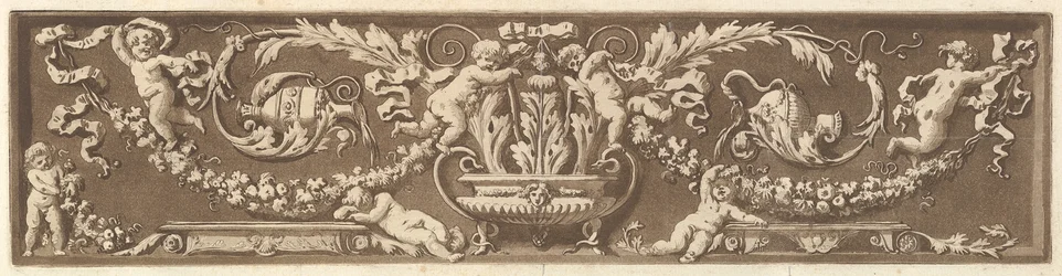 Fregio ornamentale con putti, foglie di acanto e ghirlande di frutta