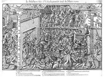 Il massacro della popolazione protestante da parte delle truppe del Duca di Guise a Wassy-sur-Blaise, 1 marzo 1562, inciso da Jacques Tortorel (1568-92)