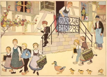 Bambini del villaggio alsaziano in cammino verso la scuola