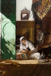 Interno di un harem in Marocco, particolare: donna che suona la derbouka