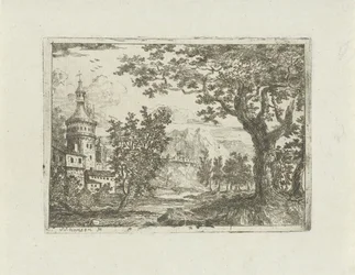 Paesaggio con torre rotonda