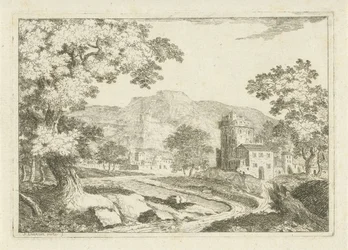 Paesaggio fluviale con case e torri