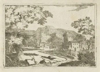 Paesaggio fluviale con case e torri