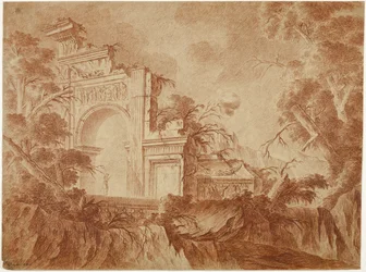 Figura in piedi tra le rovine classiche