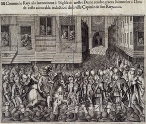 Entrata di Enrico IV (1553 - 1610) a Parigi il 22 marzo 1594 e ingresso alla Cattedrale di Notre Dame per assistere alla Messa - Incisione di Jean Lecler, dopo Bollery, Museo di Notre Dame de Paris