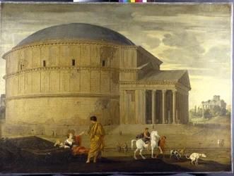 Veduta capriccio del Pantheon con il tempio di Vespasiano
