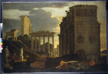 Veduta di capriccio con figure presso un arco trionfale e i Templi di Saturno e Giove Tonante