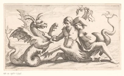 Tritone con donna in lotta con un mostro marino