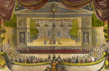 Rappresentazione del malato immaginario a Versailles, rappresentazione della commedia di Jean Baptiste Poquelin detto Molière (1622-1673) davanti alla grotta di Thetis nei giardini di Versailles alla presenza del re Luigi XIV
