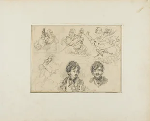 Foglio di schizzi: Cavalieri, Sirene e due ritratti di giovani uomini