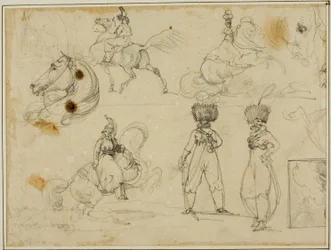 Foglio di schizzi: Soldati, cavalli e un paesaggio