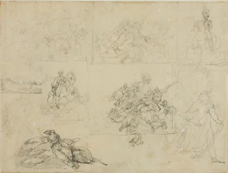 Schizzi di una battaglia di cavalleria, soldati e un paesaggio