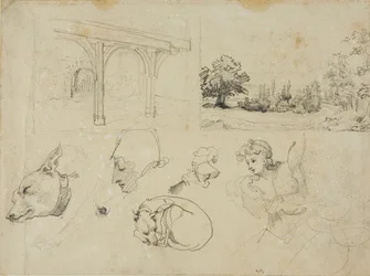 Schizzi di un capanno, un paesaggio, cani e figure varie