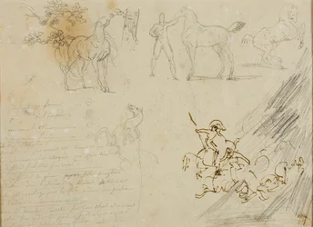 Schizzi di cavalli, stalliere che tiene in mano un cavallo, una battaglia di cavalleria