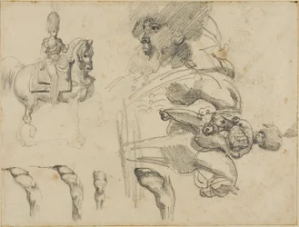 Schizzi di cavalli, soldati e zoccoli