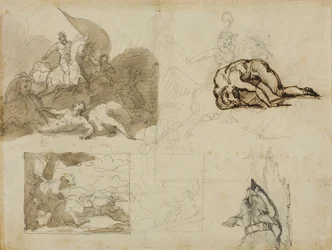Schizzi di una battaglia di cavalleria, un paesaggio con mucche e altre composizioni