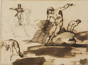 Studio di Napoleone a cavallo con schizzi di nudi tra le rocce