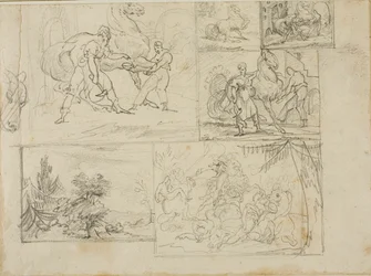 Tre studi con schizzi di un paesaggio boschivo e di una battaglia di cavalleria