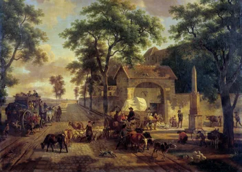 Paesaggio con strada e carro di contadini, greggi e pastori