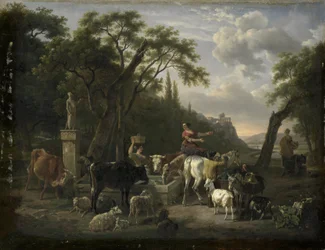 Paesaggio italiano con pastori e animali presso una fontana