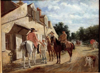 Au Tourne-bride, noto anche come Tournebride en bois de Saint-Germain Cavalieri che fanno una pausa in una stazione di posta nella foresta di Saint Germain en Laye. Dipinto di Jean-Louis-Ernest Meissonier (1815-1891)