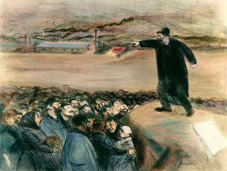 Un agitatore davanti agli operai. Un leader del movimento operaio rivendica in un discorso i diritti dei lavoratori. XX secolo. Collezione privata