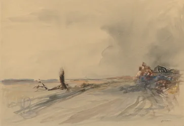 Terra devastata, figure in un paesaggio c. 1919 (lavaggio grigio, acquerello e guazzo)