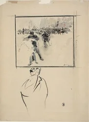 Schizzi di una scena di rivolta incorniciata e di un uomo (recto); Donna con cappello (verso)