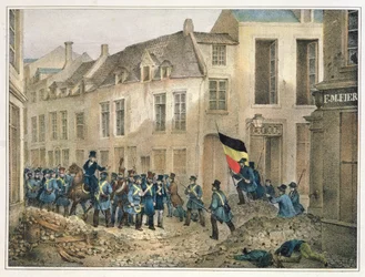 La Rue de Louvain, Bruxelles, 23 settembre 1830, inciso da A.M. Jobard