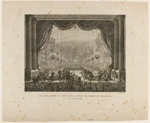 Festa delle guardie del corpo, dei reggimenti delle Fiandre, dei dragoni di Montmorency e delle Guardie nazionali di Versailles. Calpestando la coccarda nazionale, esibiscono la coccarda nera, segno della "Confederazione aristocratica"