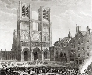 Thomas de Mahy (1744-90) Marchese di Favras che fa ammenda onorevole davanti a Notre-Dame, inciso da Pierre Gabriel Berthault (1737-1831) 1790