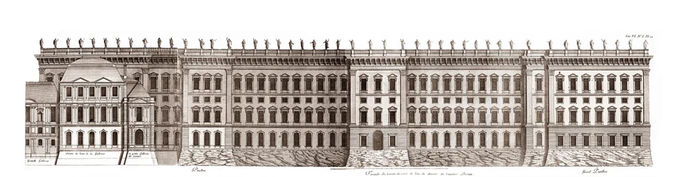 Il Louvre a Parigi, progetto di Gian Lorenzo Bernini: elevazione della facciata principale verso la Senna - Da "Architecture française" di Jacques-François Blondel - incisione di Jean Marot