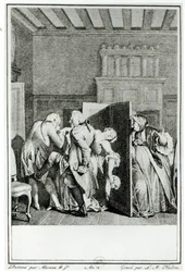 Il barone... salutò Candide con alcuni notevoli calci sul sedere e lo cacciò fuori, illustrazione dal capitolo 1 di Candide di Francois Voltaire (1694-1778) inciso da Louis Michel Halbou