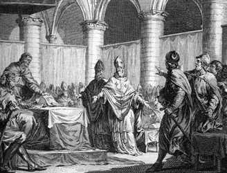 Istituzione delle decime ecclesiastiche da parte di Pipino il Breve e Carlomanno (743). Incisione di Moreau il Giovane, XVIII secolo. Collezione privata