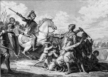 Assassinio dei figli di Teodorico II di Borgogna nel 613, alla presenza di Clotario II (584-628), re di Neustria. Tra essi, Sigeberto II (601-613). Incisione di Jean Michel Moreau, detto Moreau il Giovane (1741-1814)