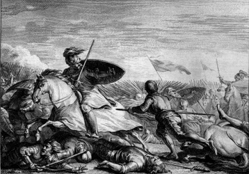 Battaglia di Fontenoy, 841: fuga di Lotario I (795-855) dopo la sconfitta del suo esercito. Incisione di Jean Michel Moreau, detto Moreau le Jeune (1741-1814)