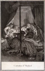 Castrazione di Pierre Abélard o Pierre Abailard filosofo e teologo francese (1079-1142). Incisione di Moreau