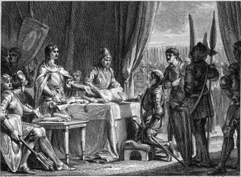 Carlo Martello (688-741), re dei Franchi, distribuisce i beni della Chiesa ai suoi soldati, 718. Incisione di Jean Michel Moreau, detto Moreau il Giovane (1741-1814)