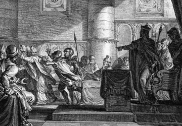 Clero tra clero e nobiltà riuniti in Parlamento a Epernay (Marne) da Carlo il Calvo (846). Incisione di J. P. Le Bas dopo Moreau le jeune. XVIII secolo
