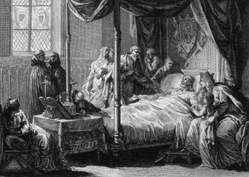 Morte di Dagoberto I (602/605-638), re dei Franchi, alla presenza della sua moglie, la regina Nantilde (ca. 610-642) e del suo figlio, il futuro Clodoveo II (ca. 635-657). Incisione di Jean Michel Moreau, detto Moreau le Jeune