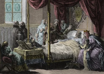 Morte di Dagoberto I (602/605 - 638), re dei Franchi, alla presenza della moglie, la regina Nantilde (ca. 610-642) e del figlio, il futuro Clodoveo II (ca. 635-657). Incisione di Jean Michel Moreau, detto Moreau le Jeune (1741-1814)